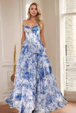Floral A Line Strapless Corset Tiered Blush Prom Dress with Slit