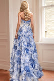 Floral A Line Strapless Corset Tiered Blush Prom Dress with Slit