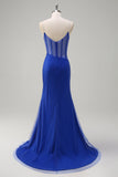 Sparkly Black Mermaid Corset Beaded Long Prom Dress with Slit