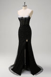 Sparkly Black Mermaid Corset Beaded Long Prom Dress with Slit