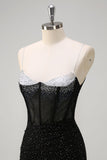 Sparkly Black Mermaid Corset Beaded Long Prom Dress with Slit