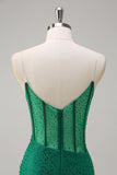 Dark Green Mermaid Spaghetti Straps Beaded Corset Long Prom Dress with Slit