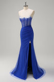 Sparkly Black Mermaid Corset Beaded Long Prom Dress with Slit