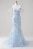 Blue Mermaid Off the Shoulder Floral Corset Prom Dress with Sequins