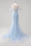 Blue Mermaid Off the Shoulder Floral Corset Prom Dress with Sequins