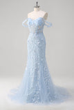 Blue Mermaid Off the Shoulder Floral Corset Prom Dress with Sequins
