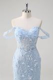Blue Mermaid Off the Shoulder Floral Corset Prom Dress with Sequins