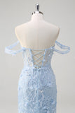 Blue Mermaid Off the Shoulder Floral Corset Prom Dress with Sequins