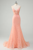 Orange Mermaid Spaghetti Straps Corset Sequin Long Prom Dress