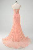 Orange Mermaid Spaghetti Straps Corset Sequin Long Prom Dress