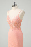 Orange Mermaid Spaghetti Straps Corset Sequin Long Prom Dress