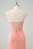Orange Mermaid Spaghetti Straps Corset Sequin Long Prom Dress