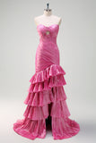 Fuchsia Mermaid Strapless Beaded Ruffled Long Prom Dress with Slit