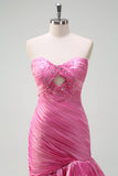 Fuchsia Mermaid Strapless Beaded Ruffled Long Prom Dress with Slit