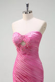 Fuchsia Mermaid Strapless Beaded Ruffled Long Prom Dress with Slit