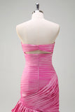 Fuchsia Mermaid Strapless Beaded Ruffled Long Prom Dress with Slit
