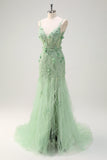 Green Mermaid Spaghetti Straps 3D Flowers Sequins Long Prom Dress with Slit