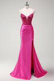 Black Mermaid Beaded Corset Satin Long Prom Dress with Slit