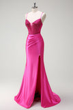 Black Mermaid Beaded Corset Satin Long Prom Dress with Slit
