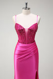 Black Mermaid Beaded Corset Satin Long Prom Dress with Slit