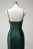 Dark Green Mermaid Beaded Keyhole Corset Satin Long Prom Dress with Slit