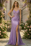 Lilac Mermaid Spaghetti Straps Corset Sequin Long Prom Dress with Slit