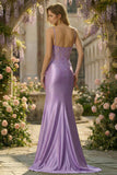 Lilac Mermaid Spaghetti Straps Corset Sequin Long Prom Dress with Slit