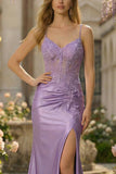 Lilac Mermaid Spaghetti Straps Corset Appliqued Long Prom Dress with Slit