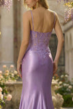 Lilac Mermaid Spaghetti Straps Corset Appliqued Long Prom Dress with Slit