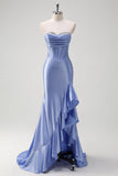 Sparkly Grey Blue Mermaid Ruffled Corset Strapless Satin Long Prom Dress with Slit