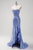Sparkly Grey Blue Mermaid Ruffled Corset Strapless Satin Long Prom Dress with Slit