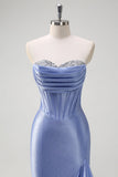 Sparkly Grey Blue Mermaid Ruffled Corset Strapless Satin Long Prom Dress with Slit