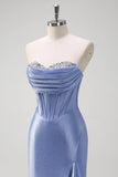 Sparkly Grey Blue Mermaid Ruffled Corset Strapless Satin Long Prom Dress with Slit