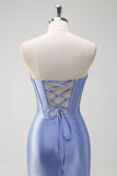 Sparkly Grey Blue Mermaid Ruffled Corset Strapless Satin Long Prom Dress with Slit