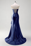 Sparkly Grey Blue Mermaid Ruffled Corset Strapless Satin Long Prom Dress with Slit