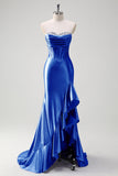 Sparkly Grey Blue Mermaid Ruffled Corset Strapless Satin Long Prom Dress with Slit