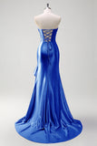 Sparkly Grey Blue Mermaid Ruffled Corset Strapless Satin Long Prom Dress with Slit