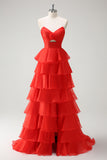 Orange Princess Sweetheart Tiered Long Prom Dress with Slit