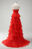 Orange Princess Sweetheart Tiered Long Prom Dress with Slit