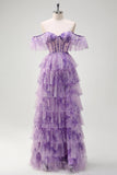 Lilac A-Line Off the Shoulder Corset Floral Ruffled Long Prom Dress with Slit