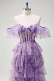 Lilac A-Line Off the Shoulder Corset Floral Ruffled Long Prom Dress with Slit