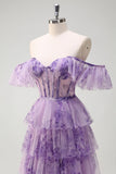 Lilac A-Line Off the Shoulder Corset Floral Ruffled Long Prom Dress with Slit