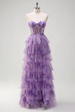 Lilac A-Line Off the Shoulder Corset Floral Ruffled Long Prom Dress with Slit
