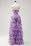 Lilac A-Line Off the Shoulder Corset Floral Ruffled Long Prom Dress with Slit