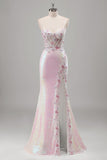 Sparkly Pink Mermaid Corset Flowers Sequins Long Prom Dress with Slit
