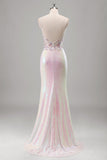 Sparkly Pink Mermaid Corset Flowers Sequins Long Prom Dress with Slit