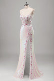 Sparkly Pink Mermaid Corset Flowers Sequins Long Prom Dress with Slit
