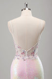 Sparkly Pink Mermaid Corset Flowers Sequins Long Prom Dress with Slit