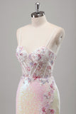 Sparkly Pink Mermaid Corset Flowers Sequins Long Prom Dress with Slit