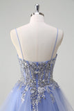 Sparkly Light Blue A Line Sequins Long Prom Dress with Spiral Ruffles